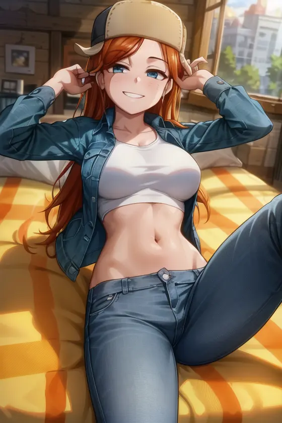 <lora:wendy_corduroy:0.6>, wendy corduroy, masterpiece, best quality, 1girl, breasts, smile, hat, pants, midriff, large breasts, orange hair, jeans, shirt, denim, lying, grin, freckles, crop top, on side, navel, white shirt, 1boy, window, solo focus, jacket, looking at viewer, blue eyes,