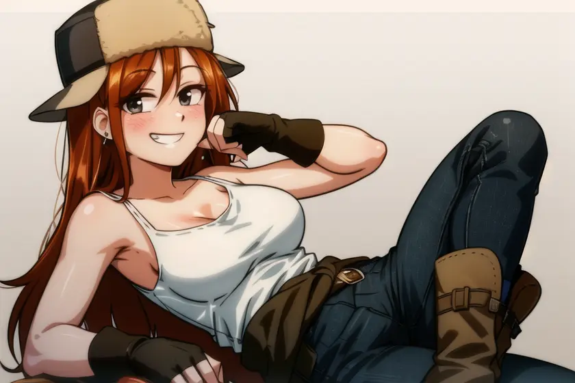 <lora:wendy_corduroy:0.6>, wendy corduroy, masterpiece, best quality, 1girl, solo, hat, gloves, smile, boots, long hair, fingerless gloves, book, clothes around waist, breasts, pants, sitting, jewelry, tank top, earrings, looking at viewer, black gloves, black eyes, holding, denim, grin, fur hat, holding book, jeans, medium breasts, brown footwear, orange hair, shirt, bare shoulders, blush
