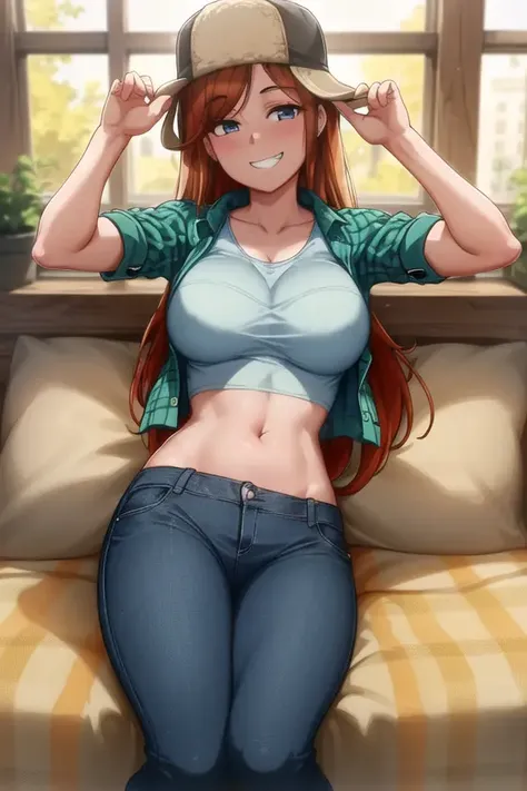 <lora:wendy_corduroy:0.6>, wendy corduroy,  masterpiece, best quality, 1girl, breasts, smile, hat, pants, midriff, large breasts, brown hair, jeans, shirt, denim, lying, grin, freckles, crop top, on side, navel, white shirt, 1boy, window, solo focus, jacket, looking at viewer, blue eyes, plaid,