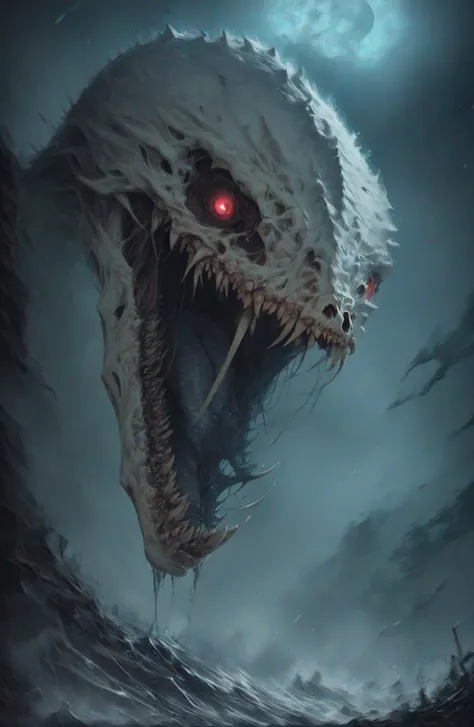 gwentstyle, very dark focused flash photo, amazing quality, masterpiece, best quality, hyper detailed, ultra detailed, UHD, perfect anatomy, portrait, dof, hyper-realism, majestic, awesome, inspiring, scary giant skull monster, horror, scary, night, body bones and ice, crusaders, glaciar planet, dark aesthetic, cinematic composition, soft shadows, national geographic style
<lora:XL_boss_battle:1> <lora:mfcgXL:1> <lora:sinfully_stylish_SDKL:1> <lora:more_details:1> <lora:GwentStyle_v2:0.5>