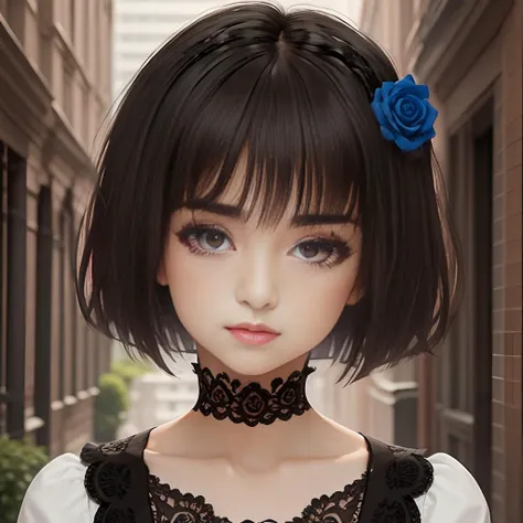 1girl, short_hair,bob_cut,blunt_bangs,blue_rose,hair_ornament,hair_flower<lora:dlx:1..3>