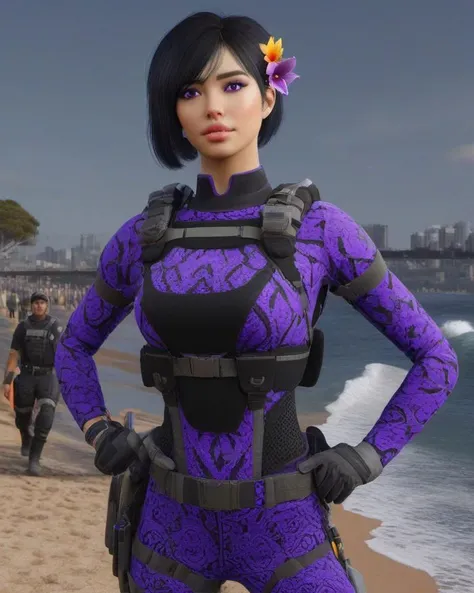 ((cowboy shot)), image of young girl aruni with black hair flower in hair, siting on the beach <lora:Aruni_from_Raibow_Six_Siege_SDXL:0.64> 1girl, aruni, short hair, purple eyes, hair ornament, hair flower, flower, (happy face)), she wear ((Post-apocalyptic, shabby Guard's Ensemble: Body armor, helmet, combat boots, tactical gloves, night vision goggles.)) , Standing with one hand on the hips and the other hand on the back of the head, with a thoughtful and serious expression on the face.,masterpiece, best quality, unity 8k, octane render, intricated details, perfect quality, perfect face, rim lights, intricated details, realistic shadows, in ((A bustling, vibrant Sydney street during a surf competition)) background, detailed background