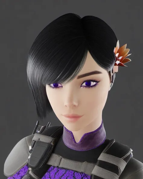 image of young girl aruni with black hair flower in hair, siting on the beach 1girl, aruni, short hair, purple eyes, hair ornament, hair flower, flower, masterpiece, best quality , unity 8k, intricated details, perfect quality, perfect face, rim lights, intricated details, realistic shadows, Vintage library with floor-to-ceiling bookshelves <lora:Aruni_from_Raibow_Six_Siege_SDXL:1>
