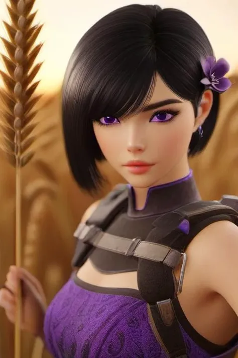((cowboy shot)), image of young girl aruni with black hair flower in hair, siting on the beach <lora:Aruni_from_Raibow_Six_Siege_SDXL:0.64> 1girl, aruni, short hair, purple eyes, hair ornament, hair flower, flower, ((slender body, small waist)) she wear ((ribbed dress)) , Sitting on a chair with one hand resting on the knee and the other hand holding a pen or pencil.,masterpiece, best quality, unity 8k, octane render, intricated details, perfect quality, perfect face, rim lights, intricated details, realistic shadows, in ((A golden wheat field at sunset)) background, detailed background