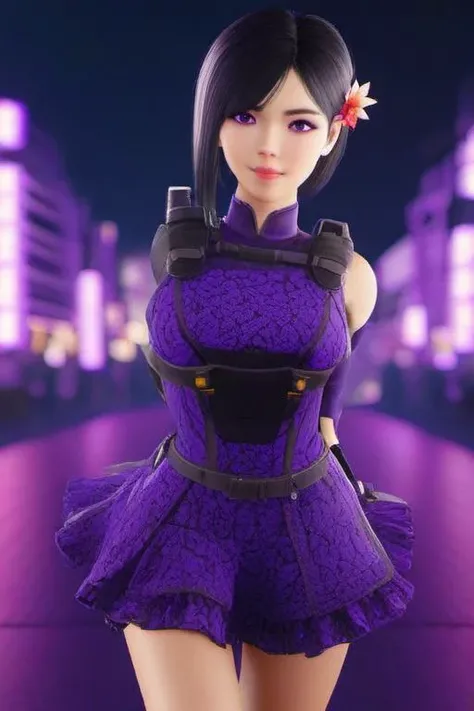 ((cowboy shot)), image of young girl aruni with black hair flower in hair, siting on the beach <lora:Aruni_from_Raibow_Six_Siege_SDXL:0.64> 1girl, aruni, short hair, purple eyes, hair ornament, hair flower, flower, (happy face)), she wear ((frilled dress)) , Standing with arms outstretched, legs apart, and a confident look on the face.,masterpiece, best quality, unity 8k, octane render, intricated details, perfect quality, perfect face, rim lights, intricated details, realistic shadows, in ((A vibrant, neon-lit Tokyo skyline at night)) background, detailed background