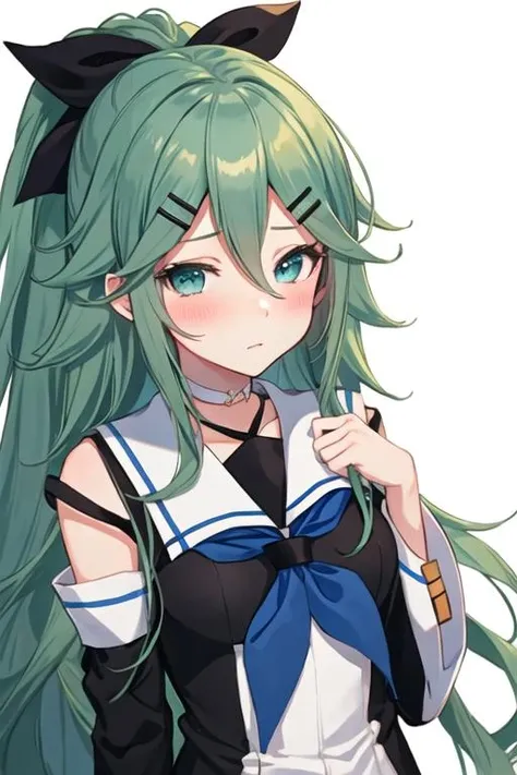 best quality, masterpiece, highres, solo, {yamakaze_kantaicollection:1.15}, green_hair, hair_between_eyes, long_hair, hair_ornament, hairclip, ribbon, hair_ribbon, ponytail, black_ribbon, blush, serafuku, green_eyes, blue_eyes, 1girl, school_uniform, simple_background, upper_body, white_background, detached_sleeves, looking_at_viewer, neckerchief, blue_neckerchief, black_serafuku, choker, bangs, sidelocks