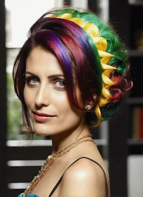 portrait of sks woman by Flora Borsi, style by Flora Borsi, bold, bright colours, rainbow Mohawk haircut, ((Flora Borsi)), <lora:locon_lisaedelstein_v1_from_v1_64_32:1.25>