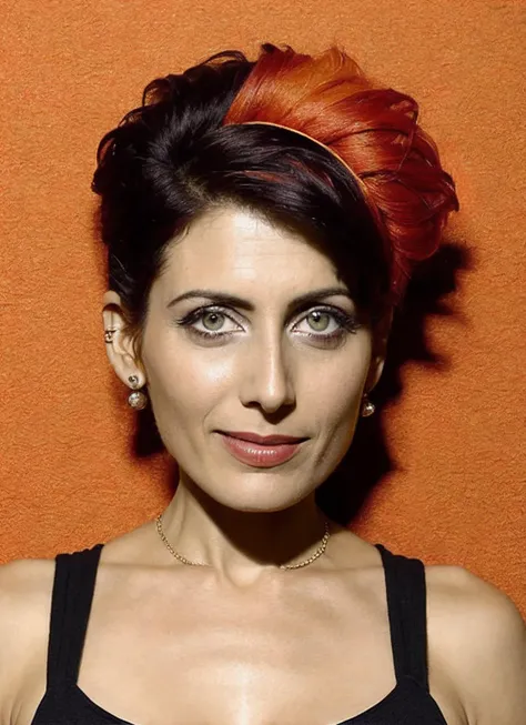 portrait of sks woman by Flora Borsi, style by Flora Borsi, bold, bright colours, orange Mohawk haircut, ((Flora Borsi)), <lora:locon_lisaedelstein_v1_from_v1_64_32:1.25>