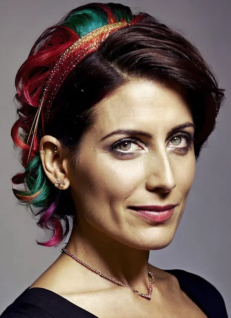 portrait of sks woman by Flora Borsi, style by Flora Borsi, bold, bright colours, rainbow Mohawk haircut, ((Flora Borsi)), <lora:locon_lisaedelstein_v1_from_v1_64_32:1.25>