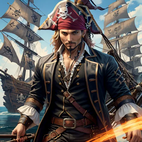 full body potrait of a photorealistic beautiful man, (aboard a pirate ship:1.50), intense coloration fantasy, light hair, a stunning realistic photograph , random coloured hair, (multiple men pirates dancing together:1.3), random colour eyes, full body, cover, hyperdetailed painting, luminism, octane render, Bar lighting, complex, 8k resolution concept art portrait by Martina Fa
kov� and Prywinko Art, Artgerm, WLOP, Alphonse Mucha, Tony Taka, fractal isometrics details, photorealistic face, hyperrealistic cover photo awesome full color, hand drawn, bright, gritty, realistic color scheme, davinci, intricate, high definition cinematic, mix of bold dark lines and loose lines, bold lines, on paper , real life human