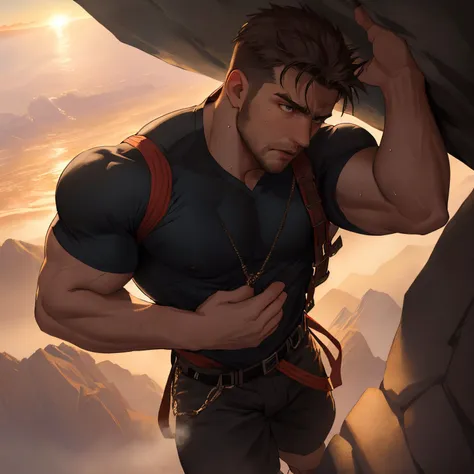 close-up body portrait, seen from above, handsome male, masculine, beefy, burly, skimpy outfit, (rock climbing:1.1), mid climb, masterpiece, high quality, highres, HDR, 8K absurdres, sunset, beautiful caustics, sweaty, struggle expression, looking at viewer,