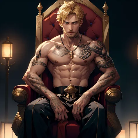 Hairy, handsome, king of the world, male, masculine, Caucasian, bro type, tattoos, wearing ceremony outfit, sitting on his throne, by night, short blonde hair, serious expression, 8K, masterpiece, high definition, highly detailed, sharp, symmetrical, looking at camera