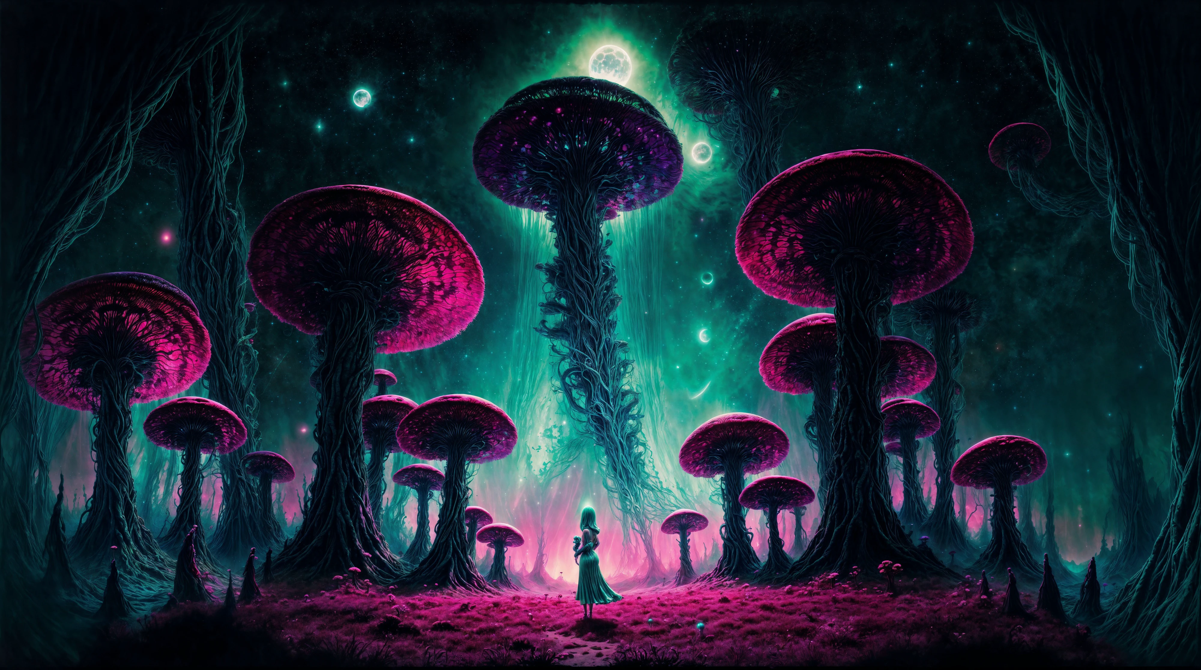 abstract, surrealist photo of a beautiful middle aged woman from unknown planet, alien features, with long curled green hair, wearing funny designer outfit, from behind, standing on top of a huge mushroom, waving arms , full body, photo taken on alien planet with unknown fauna and flora, far horizon, colorful moon and stars, colorful edge lighting, neon lighting, god rays, low camera angle, shot on RED camera 50mm, in style of Alberto Seveso, <lora:add_detail:0.8>, <lora:fantasy00d:0.4>, <lora:FantasyLandscape:0.4>, <lora:Zdzislaw_Beksinski_ArtStyle_selected:0.2>