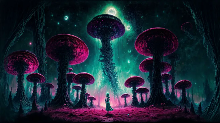 abstract, surrealist photo of a beautiful middle aged woman from unknown planet, alien features, with long curled green hair, wearing funny designer outfit, from behind, standing on top of a huge mushroom, waving arms , full body, photo taken on alien planet with unknown fauna and flora, far horizon, colorful moon and stars, colorful edge lighting, neon lighting, god rays, low camera angle, shot on RED camera 50mm, in style of Alberto Seveso,  <lora:add_detail:0.8>, <lora:fantasy00d:0.4>, <lora:FantasyLandscape:0.4>, <lora:Zdzislaw_Beksinski_ArtStyle_selected:0.2>