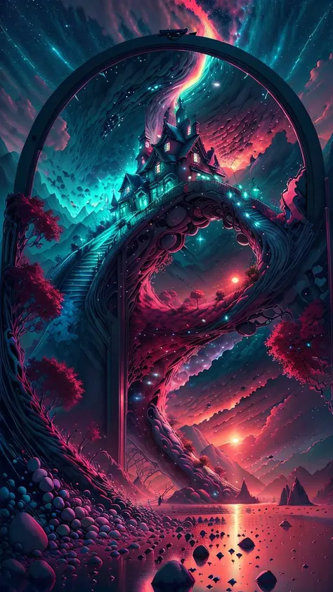 fantasy00d,Pastels artwork,landscape of a Mythical [Geneva:Beach house:3]  and Belle poque Red Dwarf,at Sunset,Energetic,50s Art,Cathode tube,(art by Abram Efimovich Arkhipov:0.8),<lora:fantasy00d-000015:1>,