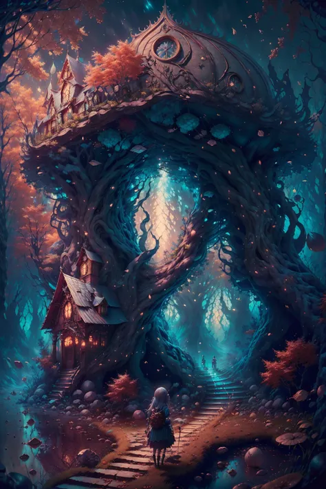 fantasy00d, little girl, postcard, pretty, michael kutsche, fairy tale fantasy, chromatic aberration abuse, fall, Informative, <lora:fantasy00d-000015:1>