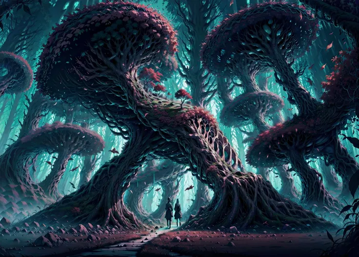 Imagine a scene in a dark fantasy realm, depicting a hair-raising forest landscape. Picture trees with hunched and twisted forms, creating a mysterious canopy that obscures the sky in the depths of the forest. Mist clouds swirl within the forest, accompanied by mysterious sounds echoing between the trees. The ground is covered in dead branches and root systems resembling twisted asylums, creating a dark and eerie atmosphere. Shadows wandering through the forest give the impression of creatures with eyes gleaming in the dark. This scene exudes both an awe-inspiring and spine-chilling darkness, enchanted forest, (midnight:1.6, night time:1.6), (master piece:1.4, best quality:1.4, intricate details, sharp focus, UHD, 8K, Ultra Detailed 8K CG, extremely detailed CG unity 8k wallpaper, ultra high res, High quality texture, High quality shadow, cinematic lighting, dark colors,HDR), <lora:fantasy00d-000015:1>