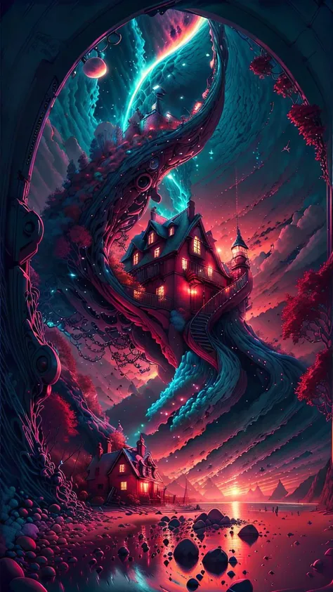 fantasy00d,Pastels artwork,landscape of a Mythical [Geneva:Beach house:3]  and Belle poque Red Dwarf,at Sunset,Energetic,50s Art,Cathode tube,(art by Abram Efimovich Arkhipov:0.8),<lora:fantasy00d-000015:1>,