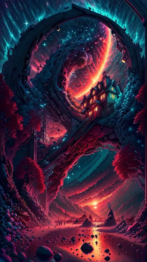 fantasy00d,Pastels artwork,landscape of a Mythical [Geneva:Beach house:3]  and Belle poque Red Dwarf,at Sunset,Energetic,50s Art,Cathode tube,(art by Abram Efimovich Arkhipov:0.8),<lora:fantasy00d-000015:1>,