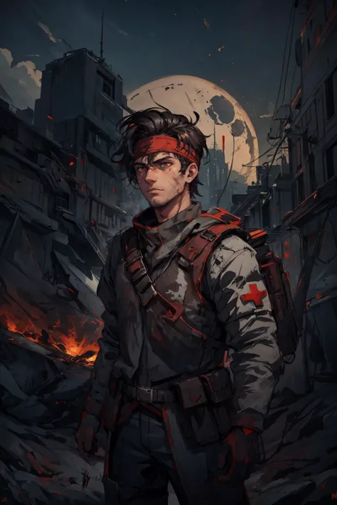 maximum details, cinematic, (abstract art:1.1), stylized, deep shadow, <lora:add_detail:0.5>, <lora:epi_noiseoffset2:0.5>,
(1man, masculine adult jewish male:1.2), red eyes, dark brown hair, side part,
portrait, solo, (full body:0.6), looking up, detailed background, detailed face, (<lora:LunarPunkAI:0.6>, LunarPunkAI theme:1.1), battlefield-medic, field-surgeon, resolute, white tattered military medic uniform, vest, headband, straps, red cross, flag, first aid kit, bandages, toruniquet, medical aid, dirt , blood , war torn battlefield trench, barbed wire in background, floating particles, embers, gunfire, intense action, dark night, heroism, cinematic atmosphere,
<lora:fantasy00d:0.3>,