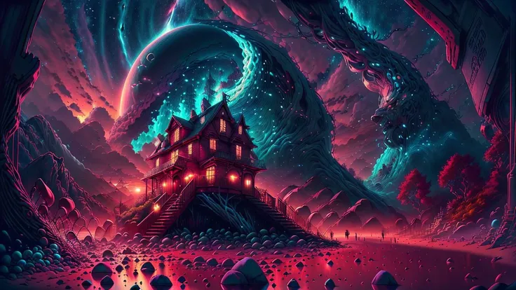 fantasy00d,Pastels artwork,landscape of a Mythical [Geneva:Beach house:3]  and Belle poque Red Dwarf,at Sunset,Energetic,50s Art,Cathode tube,(art by Abram Efimovich Arkhipov:0.8),<lora:fantasy00d-000015:1>,