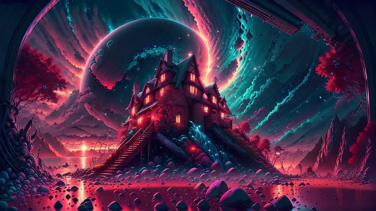 fantasy00d,Pastels artwork,landscape of a Mythical [Geneva:Beach house:3]  and Belle poque Red Dwarf,at Sunset,Energetic,50s Art,Cathode tube,(art by Abram Efimovich Arkhipov:0.8),<lora:fantasy00d-000015:1>,