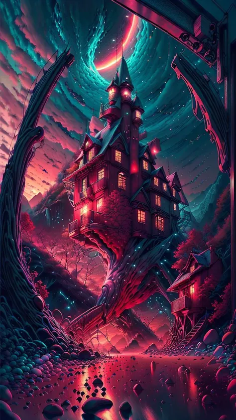 fantasy00d,Pastels artwork,landscape of a Mythical [Geneva:Beach house:3]  and Belle poque Red Dwarf,at Sunset,Energetic,50s Art,Cathode tube,(art by Abram Efimovich Arkhipov:0.8),<lora:fantasy00d-000015:1>,