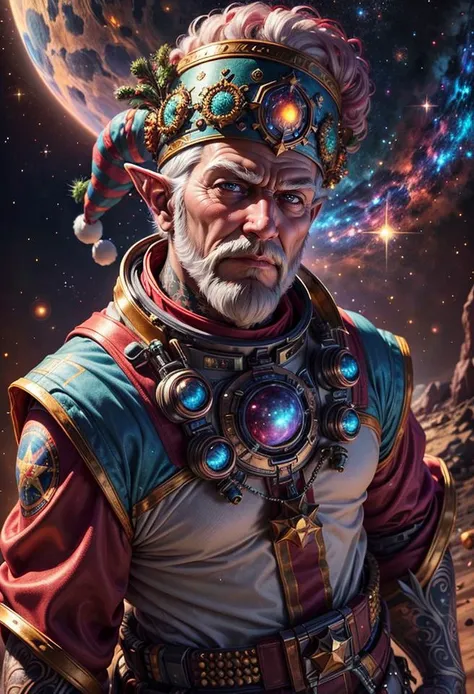 1boy, solo, (AI Santa Overlord:1.3), white hair, side buns, long white beard, overlord, smirk, tattooed arms, huge, macho, muscular, (elderly, old), half body shot, looking at viewer:1.3, detailed eyes:1.3, best quality, extremely detailed, masterpiece, 32k, RAW, extremely detailed face:1.3, <lora:more_details:0.5> <lora:fantasy00d:0.4> fantasy00d, ((wearing a space suit, at space)), glow, supernova, stars, satellites, atmosphere <lora:color_slider_v2:3>elf hat