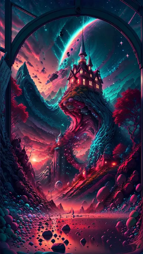 fantasy00d,Pastels artwork,landscape of a Mythical [Geneva:Beach house:3]  and Belle poque Red Dwarf,at Sunset,Energetic,50s Art,Cathode tube,(art by Abram Efimovich Arkhipov:0.8),<lora:fantasy00d-000015:1>,