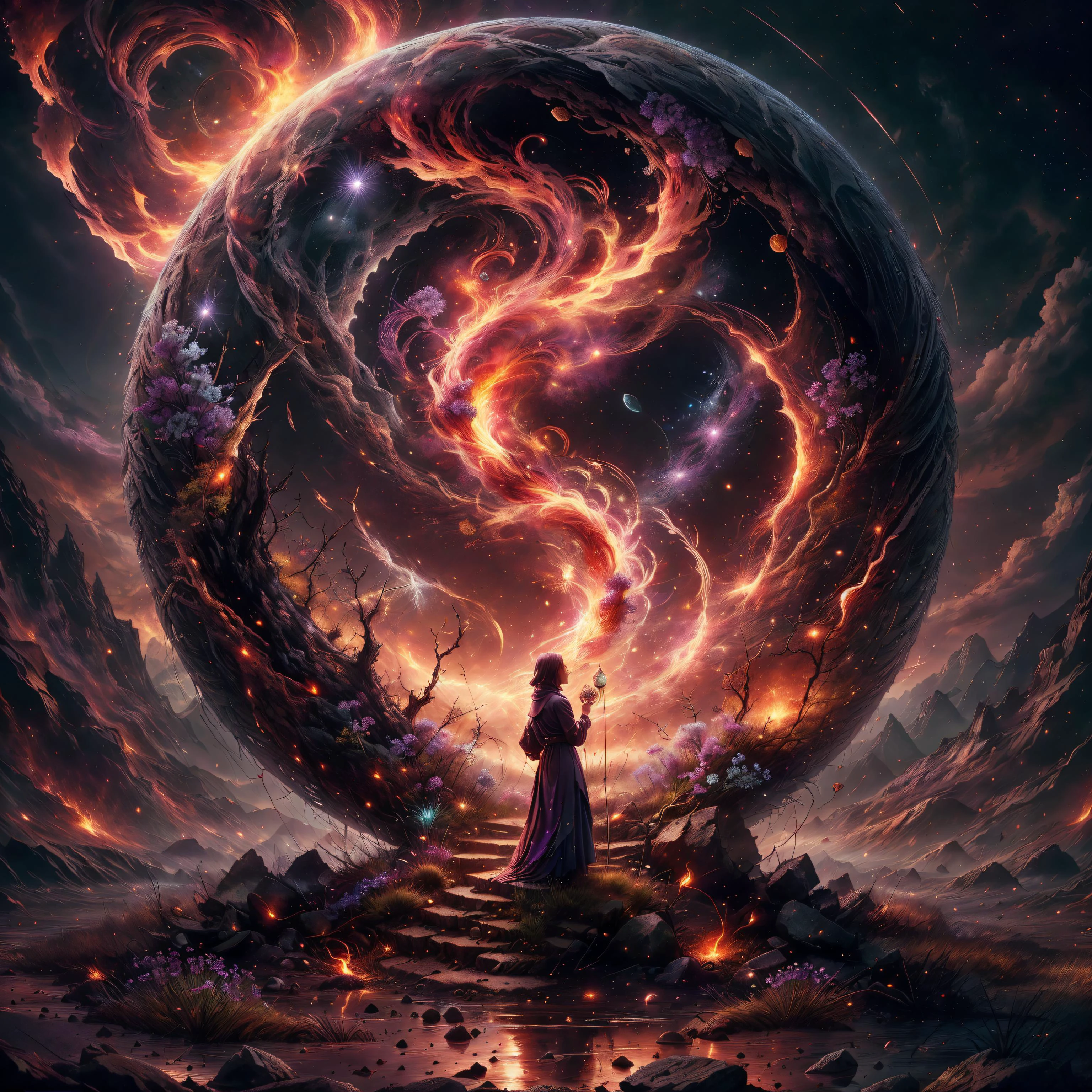 In a scene that captures the essence of passion and the ephemeral beauty of self-consumption, imagine a solitary figure standing amidst a surreal landscape. The figure, an embodiment of grace and intensity, is surrounded by ethereal flames that do not harm but rather illuminate their features with a soft glow, symbolizing the burning passion within. The background is a mixture of twilight blues and purples, hinting at the transition between day and night, reflecting the transient nature of beauty and existence. The landscape around them blends elements of decay and growth, with flowers blooming out of ash, representing the beauty and renewal that comes from moments of self-consumption. This image is rich in contrast, embodying both the vulnerability and the intense beauty of giving oneself entirely to the moment <lora:ExplosionMagic:0.6> <lora:Concept - Pyromancer:0.2> <lora:fantasy00d:0.4> fantasy00d