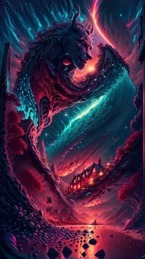 fantasy00d,Pastels artwork,landscape of a Mythical [Geneva:Beach house:3]  and Belle poque Red Dwarf,at Sunset,Energetic,50s Art,Cathode tube,(art by Abram Efimovich Arkhipov:0.8),<lora:fantasy00d-000015:1>,