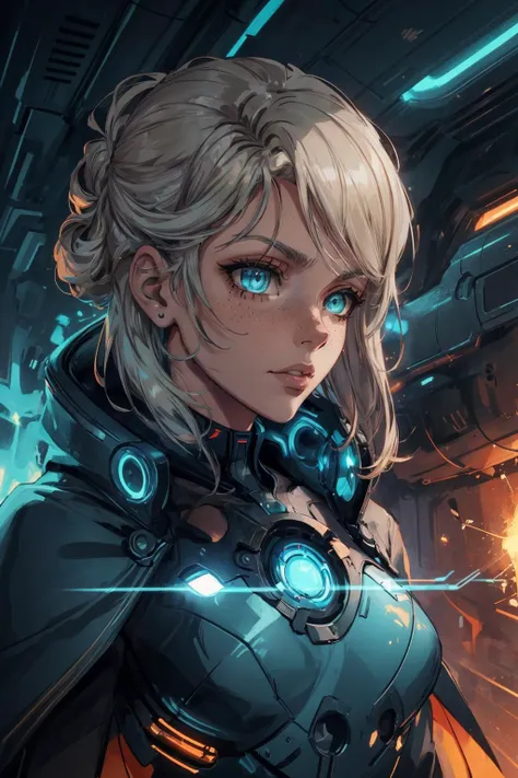 maximum details, cinematic, (abstract art:1.1), stylized, deep shadow, <lora:add_detail:0.5>, <lora:epi_noiseoffset2:0.5>,
1 girl, adult british woman, freckles, turquoise eyes, platinum blonde updo hairstyle,
Style-GravityMagic, cyborg portrait, looking away, solo, half shot, detailed background, close up, detailed face, (fallout theme:1.1), futuristic glowing digital copper armor, rectangular pattern, cape, rivets, wires, advanced technology, cybernetics, (small high-tech goggles:0.8), head-up display, epic galactic spaceship in background, lens flare, lasers, explosions, cinematic atmosphere,
<lora:fantasy00d:0.3>,