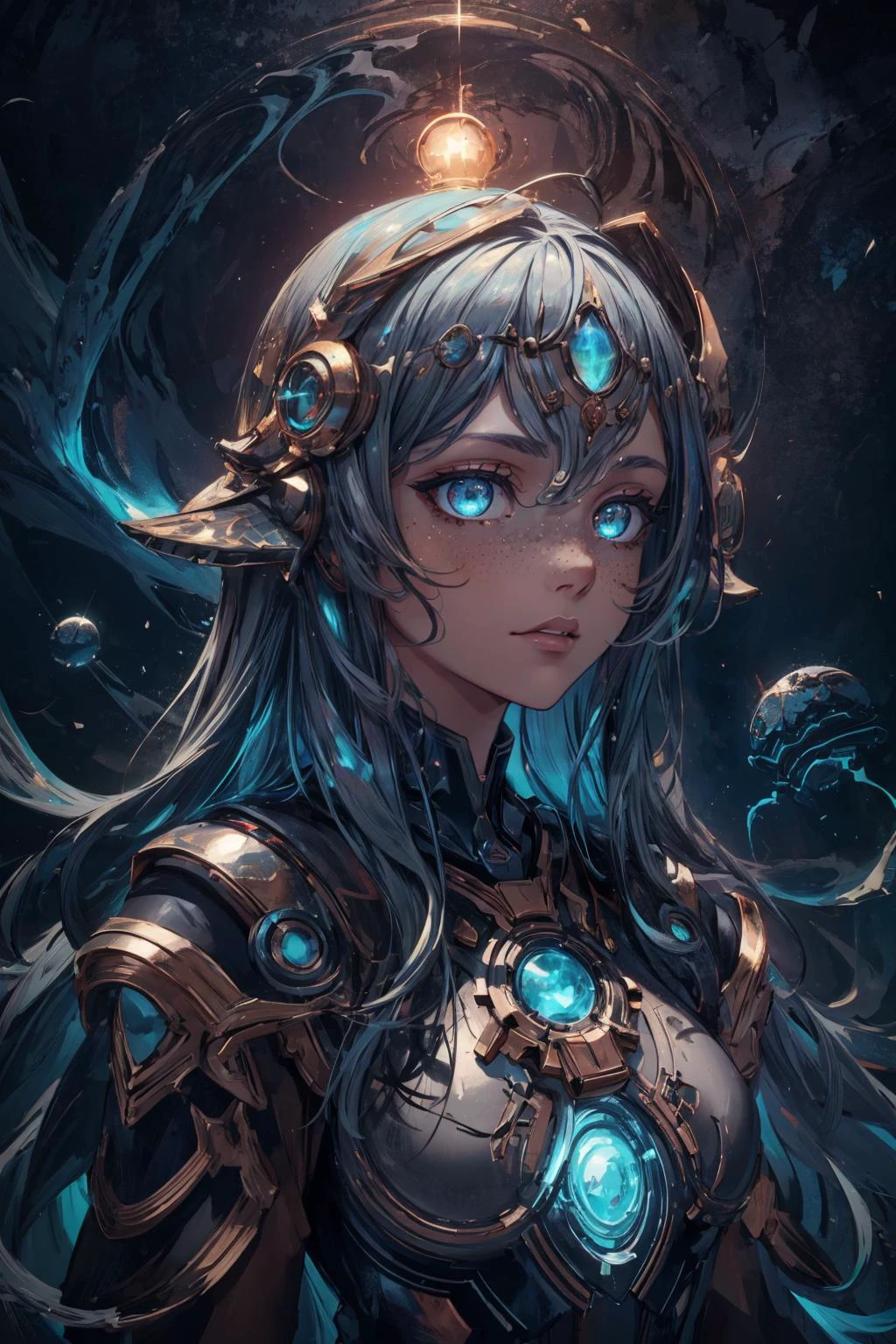 maximum details, cinematic, abstract art, deep shadow, <lora:add_detail:0.5>, <lora:epi_noiseoffset2:0.5>,
1 girl, adult (elven:0.7) woman, freckles, hazel eyes, brown long hair,
Style-GravityMagic, portrait, solo, upper body, looking at viewer, detailed background, detailed face, (<lora:AtlantisTech:0.6>, scifi, atlantistech theme:1.1) (glowing eyes:1.05), star mage, star sign, calm composure, benign, libra, esoteric geometric patterns, interstellar energy, galaxies, transcendence, floating particles, cosmic dust, cosmic space background, esoteric atmosphere,
<lora:fantasy00d:0.3>,