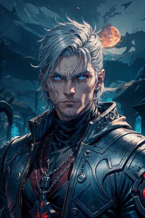<lora:add_detail:0.5>, <lora:FZB_line_weights:0.4>, <lora:realistic:0.1>, <lora:sharpen-soften:-0.1>,
(1man, muscular adult icelandic male:1.2), light blue eyes, silver hair, fade with sideburns,
portrait, solo, half shot, looking at viewer, detailed background, detailed face, (warhammer 40k theme:1.1) vampire, piercing gaze, vampire fangs, vampire clothes, hooded, necklace, sinister posture, evil expression, cemetery in background, red moon, dark clouds, contrast, eerie atmosphere,
<lora:fantasy00d:0.3>,