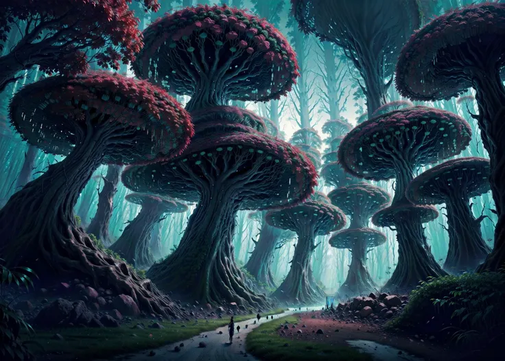 Imagine a scene in a dark fantasy realm, depicting a hair-raising forest landscape. Picture trees with hunched and twisted forms, creating a mysterious canopy that obscures the sky in the depths of the forest. Mist clouds swirl within the forest, accompanied by mysterious sounds echoing between the trees. The ground is covered in dead branches and root systems resembling twisted asylums, creating a dark and eerie atmosphere. Shadows wandering through the forest give the impression of creatures with eyes gleaming in the dark. This scene exudes both an awe-inspiring and spine-chilling darkness, enchanted forest, (midnight:1.6, night time:1.6), (master piece:1.4, best quality:1.4, intricate details, sharp focus, UHD, 8K, Ultra Detailed 8K CG, extremely detailed CG unity 8k wallpaper, ultra high res, High quality texture, High quality shadow, cinematic lighting, dark colors,HDR), <lora:fantasy00d-000015:1>