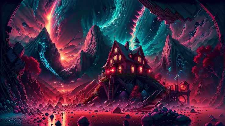 fantasy00d,Pastels artwork,landscape of a Mythical [Geneva:Beach house:3]  and Belle poque Red Dwarf,at Sunset,Energetic,50s Art,Cathode tube,(art by Abram Efimovich Arkhipov:0.8),<lora:fantasy00d-000015:1>,