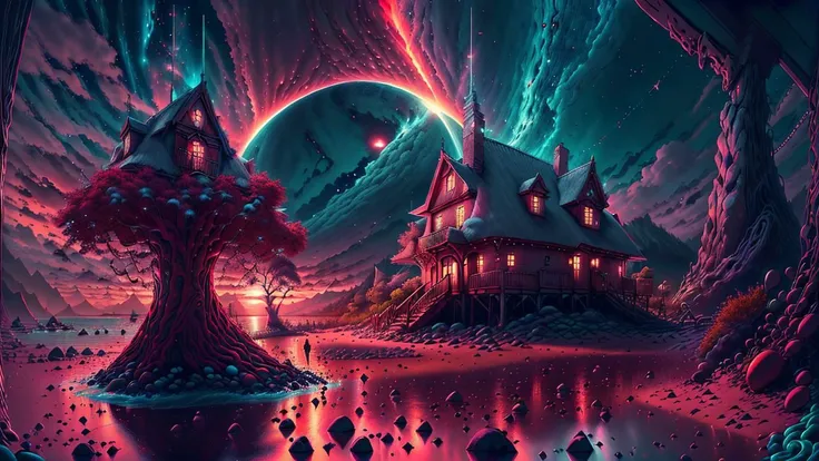 fantasy00d,Pastels artwork,landscape of a Mythical [Geneva:Beach house:3]  and Belle poque Red Dwarf,at Sunset,Energetic,50s Art,Cathode tube,(art by Abram Efimovich Arkhipov:0.8),<lora:fantasy00d-000015:1>,