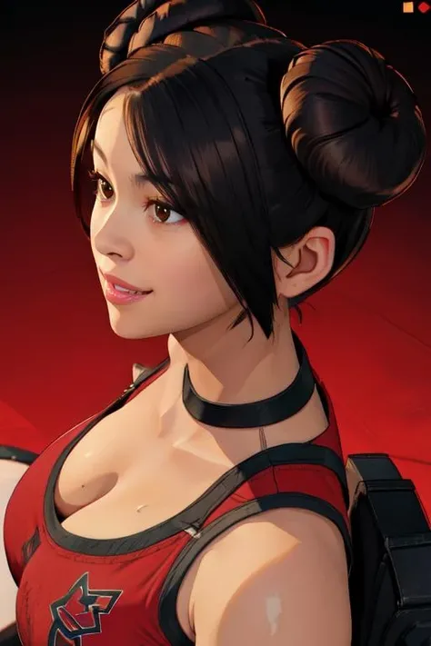 (((Perfect body,White and tender skin,(((BodySuit_lady_deadpool_ownwaifu,bodysuit, skin tight, superhero, Belt Pouch, utility belt, red bodysuit, gloves, weapon on back, thigh pouch, thigh strap, thigh holster, belt buckle, turtleneck, ))),(((ailisha,Black long hair, super long hair, slanted bangs, brown eyes, red lips))),((masterpiece)),high resolution, ((Best quality at best)),masterpiece,quality,Best quality,((( Exquisite facial features,Looking at the audience,There is light in the eyes,Smile))),))),(((Light and shadow,Huge breasts,))),(((Looking at the camera,black background,)))),