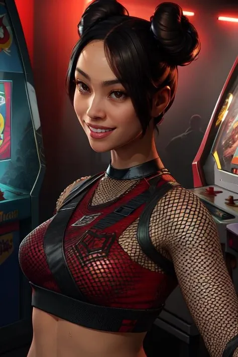 amy, black hair, brown eyes, double bun, black gloves, red crop top ,black sweat pants,
midriff, navel,
standing, smiling, arcade room, vibrant background, solo,
(best quality, masterpiece, beautiful and aesthetic:1.2, highest detailed face, perfect face,) <lora:amyDL2-10v7:0.7>