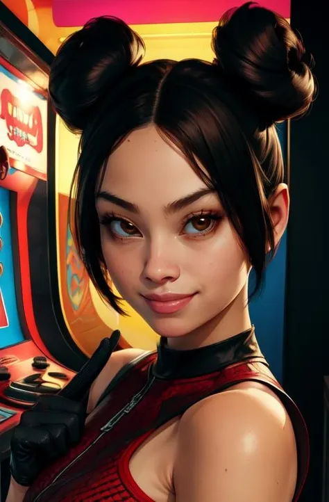 amy, black hair, brown eyes, double bun, black gloves, red crop top ,black sweat pants, 
standing, smiling, arcade room, vibrant background, solo,
(best quality, masterpiece, beautiful and aesthetic:1.2, highest detailed face, perfect face,)  <lora:amyDL2-10v7:0.7>