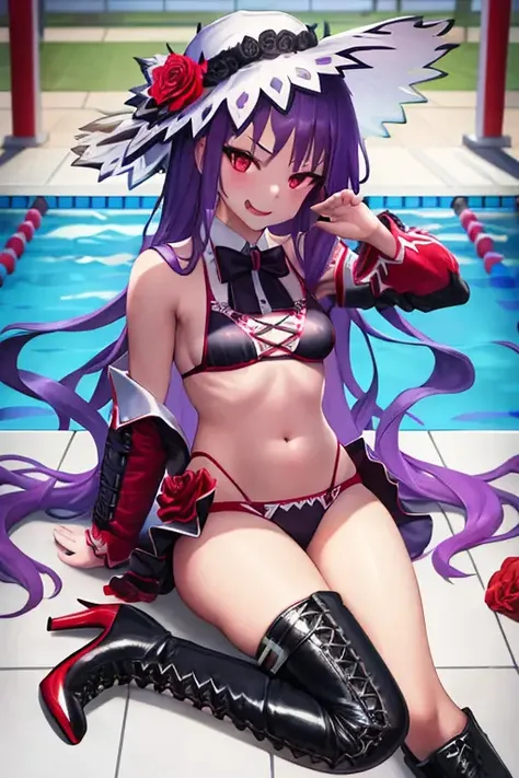 masterpiece, best quality, detailed face, katya, 1girl, solo, long hair, boots, purple hair, red eyes, flower, bikini, looking at viewer, fang, hat, high heels, high heel boots, hat flower, rose, cross-laced footwear, bangs, close to face, pool,