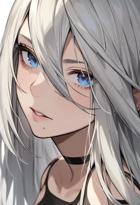 masterpiece,best quality,very aesthetic,absurdres,<lora:a2_a3:1>,1girl, a2_\(nier:automata\), android, blue_eyes, commentary, grey_hair, hair_between_eyes, highres, long_hair, looking_at_viewer, mole, mole_under_mouth, parted_lips, pink_lips, simple_background, solo, upper_body, white_background