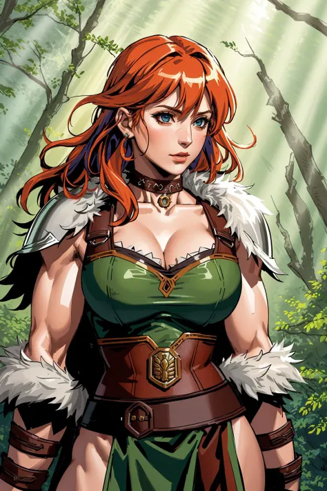 barbarian, <lora:Barbarian-V1:1>, amazon goddess, sexy armor, vivid colorful hair, pale skin, breasts, barbarian leather armor, choker minidress, savage power, light rays, god rays, furry armor, Jurassic, forest, leaves, muscular, bodybuilder, realistic