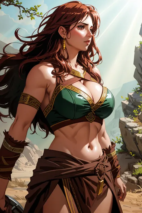 barbarian woman, <lora:Barbarian-V1:1>, huge breasts, outdoors, light rays, god rays, realistic, fcPortrait