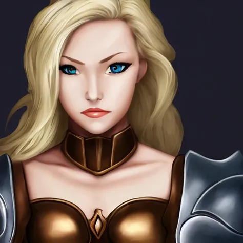 FRPGFaceGen, solo, 1girl, blonde_hair, looking_at_viewer, parody, armor, lips, curly_hair, serious, brown_eyes, portrait, upper_body, closed_mouth