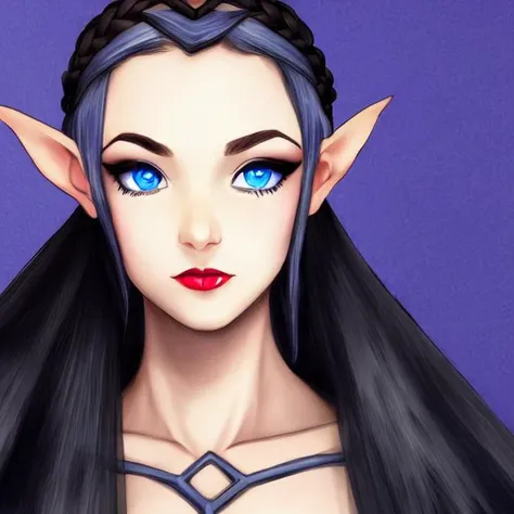 FRPGFaceGen, 1girl, solo, pointy_ears, braid, blue_eyes, black_hair, portrait, long_hair, realistic, lips, nose, crown_braid, armor, parody, elf