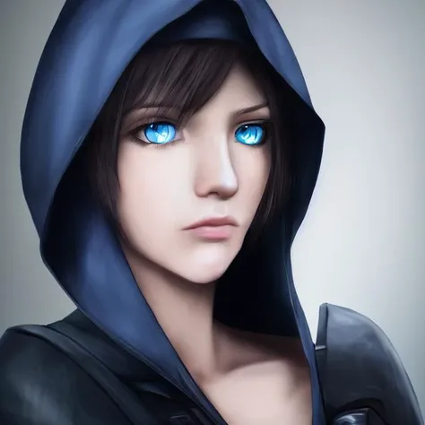 ((FRPGFaceGen)), solo, 1girl, hair_over_one_eye, blue_eyes, lips, short_hair, black_hair, realistic, nose, looking_at_viewer, portrait, hood, jacket