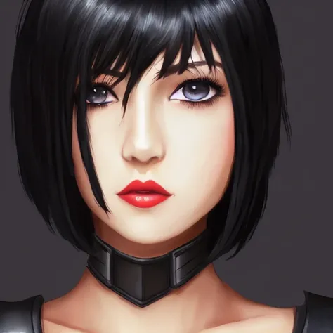 FRPGFaceGen, 1girl, solo, short_hair, realistic, bob_cut, black_hair, brown_eyes, portrait, lips, armor, bangs, closed_mouth, simple_background