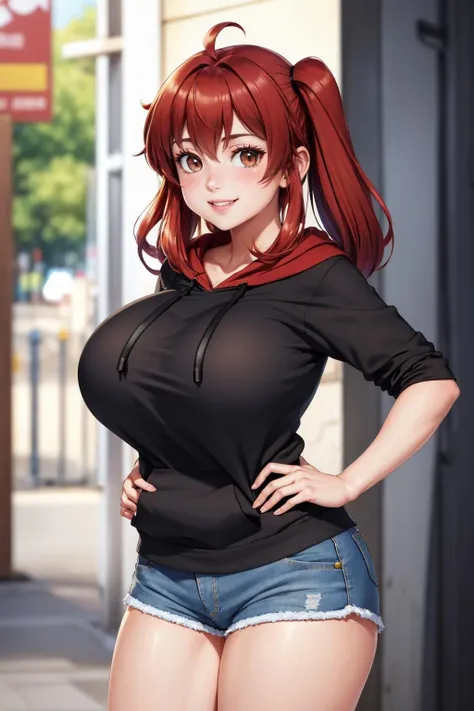 masterpiece, best quality, <lora:tinapanetta-nvwls-v1-000009:0.8> tina panetta, red hair, black hoodie, large breasts, looking at viewer, denim shorts, smile, hands to hips