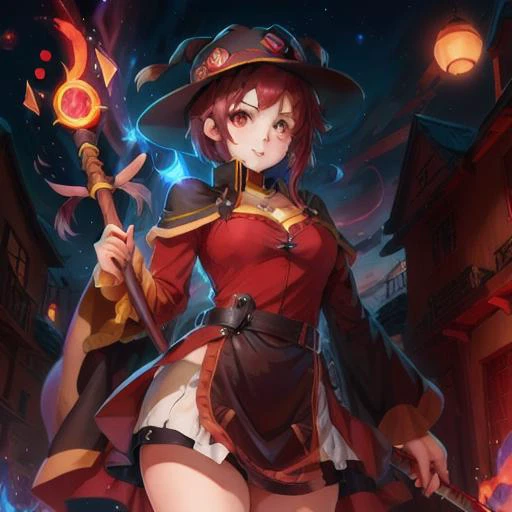 (masterpiece),4k, 1 girl, solo, konosuba, megumin, red eye, patch, staff, fire, short hair with long locks, wizard hat, sexy <lora:megumin:0.7>